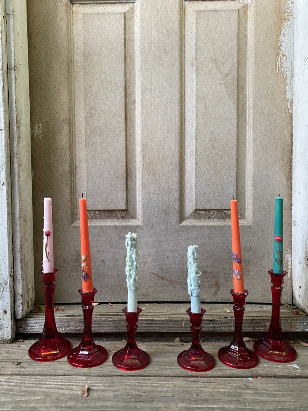 Set of 6 Red Glass Taper Candle Holders with Mixed Color Tapers